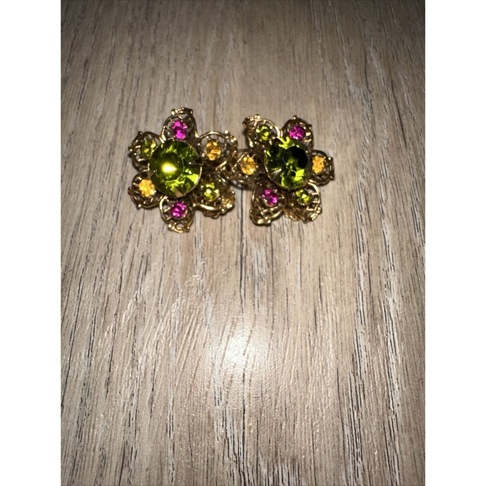 Vintage Art Glass Rhinestone Set Gold Tone Clip on Earrings Fruit Salad Baubles